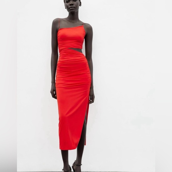 ZARA Red Cut Out Asymmetrical Midi Dress With High Slit - Picture 3 of 6